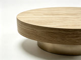 31.88 inch Round Travertine Coffee Table, Modern Drum Coffee Table with Champagne Gold Metal W5230P567203