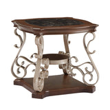 End table, marble paper top, MDF with brich middle shelf, powder coat finish metal legs. W1708135330