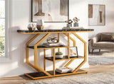 39.5" Modern Sofa Table with 4-Tier Storage, Black & Gold Console Table with Faux Marble Top for 50074188