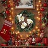22" Christmas Wreath Creamy White Magnolia Elegant Holiday Door Decor, Indoor Outdoor Pinecone 52359282