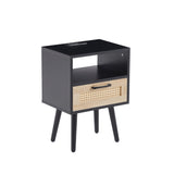 15.75" Rattan End table with Power Outlet & USB Ports , Modern nightstand with drawer and solid wood W126573111