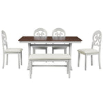 ZUN Mid-Century 6-Piece Trestle Table Set with Victorian Round Upholstered Dining Chairs and Long Bench, 91720761