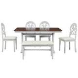 ZUN Mid-Century 6-Piece Trestle Table Set with Victorian Round Upholstered Dining Chairs and Long Bench, 91720761