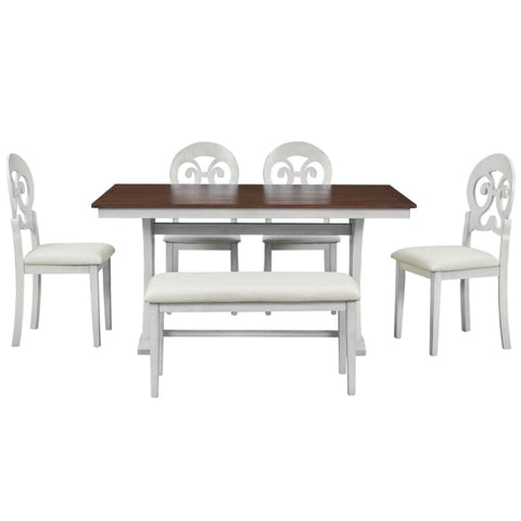 ZUN Mid-Century 6-Piece Trestle Table Set with Victorian Round Upholstered Dining Chairs and Long Bench, 91720761