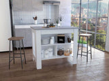 Kitchen Island, kitchen table 35" H, Four Legs, Three Open Storage Shelves, White / Ibiza Marble B097132967