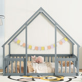 Full Wood House-Shaped Floor Bed with Fence, Guardrails,Grey W504P143293