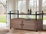 Outdoor Bar Cart Table, Large Wicker Island Rolling Cart, Wheeled Buffet Serving Cart with Glass Top 04069114