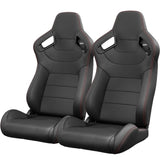 2PC New Universal Bucket Racing Seats Red Stitch Red PVC Leather Reclinable Carbon Look Leather Back W1739P266854