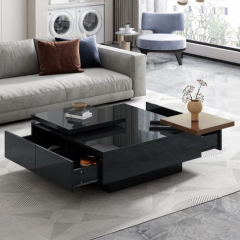 ZUN U-Can Movable Top Coffee Table, Modern Square Wood Coffee Table with High Gloss finish, 4 Hidden WF324734AAB