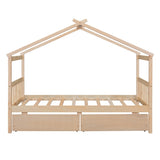 ZUN Twin Size Wooden House Bed with Drawers, Natural 72547186