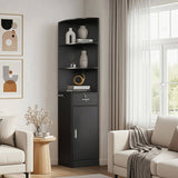 3-Tier Corner Salon Cabinet with 1 Door & 1 Drawer, 15mm E0 Grade Particleboard Matt Black, 75.2" H 45410209