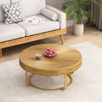 ZUN Modern round coffee table Wooden carving pattern coffee table with metal legs for living room W757P186929