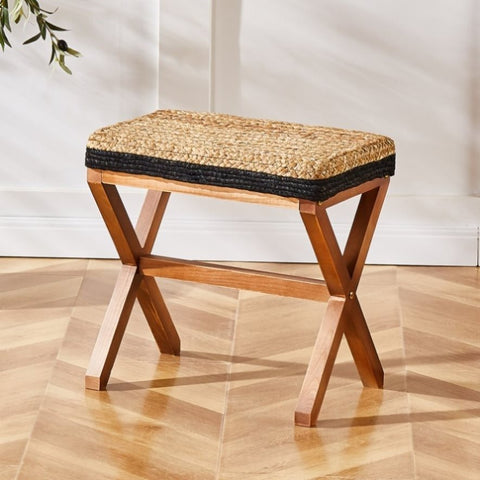 ZUN Amazon Shipping Ottoman Footstool Natural Seagrass Footrest Pouf Ottomans with X Wooden Legs 39435455