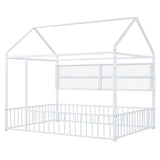 Full Size Metal Bed House Bed Frame with Fence and Shelves, White N737P175361K