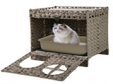 2-Tier Wicker Cat Condo with Litter Mat - Hidden Litter Box Enclosure, Detachable Washable Cushion, 98775677