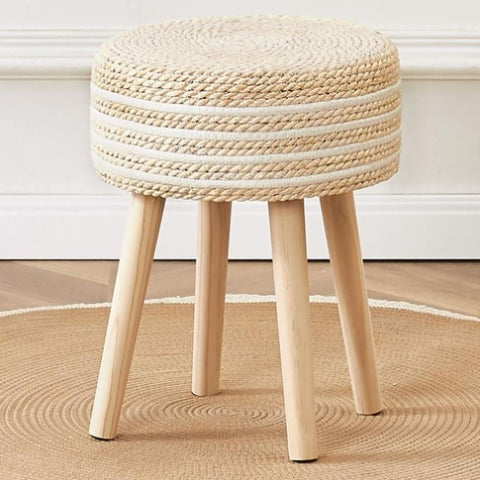 ZUN Round Ottoman Footstool Natural Seagrass Foot Stool Pouf Ottomans with Solid Wood Legs Hand Weave 03829359