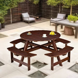 Outdoor 8 Person Picnic Table, 8 person Round Picnic Table with 4 Built-in Benches, Umbrella Hole, W2275P149765