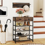 Multifunctional Entryway Storage - 5-Hook Coat Rack 2-Drawer Shoe Stand with 4 Mesh Shelves 31871415