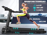 Compact Folding Treadmill for Home - 2.5HP Quiet Brushless Motor, 3-Level Incline, 7.5 MPH, Shock 50038588
