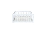 Twin Size Floor Bed with Fence without Door, Rubber Wood Floor Bed with Safety Guardrails,White W504P429335