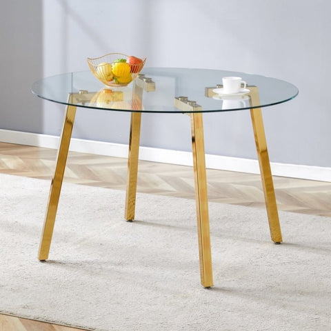 ZUN Modern Luxurious Round Tempered Glass Dining Table with Gold 7-Shaped Metal Legs,suitable for family 09611858