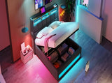 Full size Upholstered Platform bed with a Hydraulic Storage System, LED and USB Charging, Grey 28931519