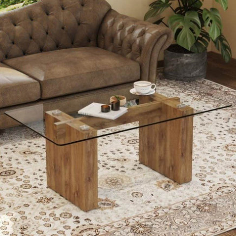 ZUN Modern minimalist transparent tempered glass coffee table and dining table, paired with wooden MDF W1151P149209