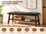 Dining Bench with Storage Shelf, Pine Wood Frame, Button Tufted Black PU Leather Seat, Walnut 01032856
