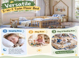 Twin and Full Size Solid Wood Montessori Floor Bed, House Shaped Frame with Safety Guardrails, W5767P546848