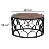 ZUN 32 Inch Round Coffee Table, Mango Wood Top, Lattice Cut Out Metal Frame, Brown, Black B05691253