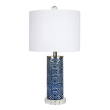Spyro 23" Contemporary Table Lamp in Bijou Blue Ceramic with White Linen Shade Clear K9 Crystal B202P224021