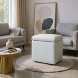 Beige Linen-Textured Storage Ottoman with Black Rubber Feet Compact Square Seat with Hidden 96142875