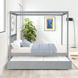 Full Size Canopy Bed with Twin Trundle, Kids Solid Wood Platform Bed Frame w/ Headboard, No Box W69740998