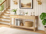 Boho Style Rattan Console Table with 3 Drawers and Open Storage Shelf, Entryway Table Narrow Long 15733776