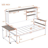 ZUN Twin size Metal Daybed with Movable Desk, Metal Grid, Shelves and Clothes Hanger, White N737P199195K