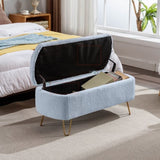 Blue Storage Ottoman Bench for End of Bed Gold Legs, Modern Grey Faux Fur Entryway Bench Upholstered W1170104171