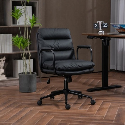 ZUN Office Chair,Mid Back Home Office Desk Task Chair with Wheels and Arms Ergonomic PU Leather Computer W1143133924