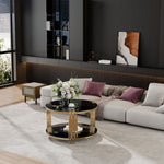 ZUN Modern Black Mirror Coffee Table, Asymmetrical Metal, Circular Metal Drum Base, Gold Finish & Lower N735P177478B