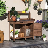 Dark Brown Outdoor Potting Bench with Storage Cabinet,Sink and Faucet ,Hooks 94600135