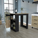 ZUN Kitchen Island 36" H, Three Open Side Storage Shelves and One Push-to-Open Cabinet, Black / Natural B097P221381