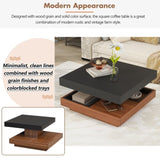 ZUN ON-TREND Modern Square 360&deg;Rotating Coffee Table with Three Detachable Tray, 2-Tier Farmhouse Wood N721P191981B