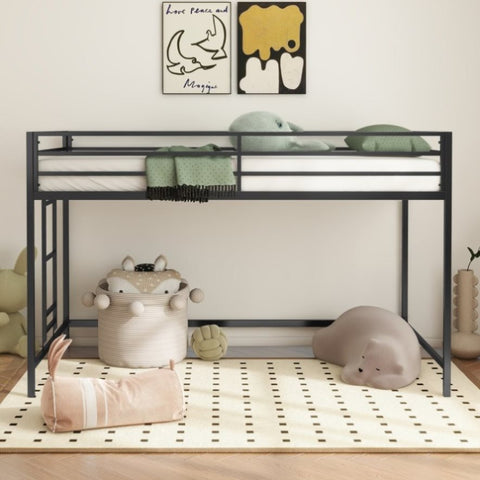 ZUN Adam sturdy junior twin loft bed black for kids, space saving, Loft Bed with easy climbing Ladder B083P168426