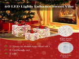 3-Piece Flocked Christmas Gift Boxes - 60 Warm-White LEDs, Timer Function, WhiteRed Festive Decor 84994515
