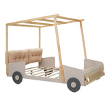 Wood Full Size Car Bed with Pillow, Ceiling Cloth and LED, Natural WF309289AAM