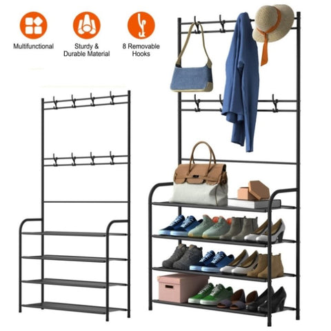 ZUN Entryway Coat Hat Rack Shoe Storage Shelf 4 Tier Shoe Rack Freestanding Hall Tree Garment Hanger 16384782