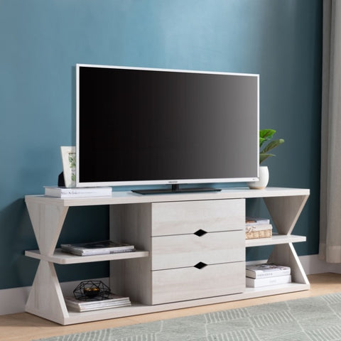 ZUN Modern TV Stand with Four Open Shelves and Three Storage Drawers - White Oak B107131397
