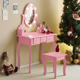 Kids Vanity Set with Mirror and Lights and Stool, 5 Storage Drawers, Pretend Play Princess Makeup 07602676