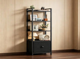 5 Tier Bookshelf 55"x15" Bookcase with Fabric Drawer Open Storage Shelves Free Standing Wooden 03384389
