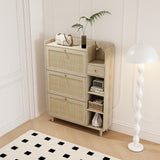 ZUN Natural Bohemia Style Shoe Cabinet, Shoe Rack Cabinet with 3 Rattan Flip Drawers,3 Square Shelves W2557P175973