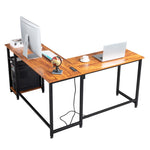 ZUN L-Shaped Desktop Computer Desk with Power Outlets & Shelf Tiger wood 19002762